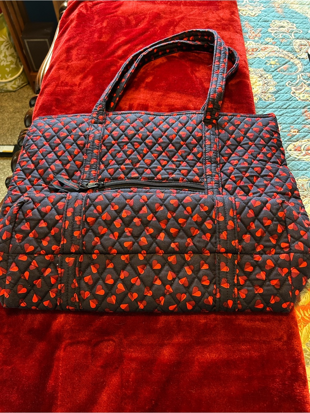 Vera Bradley Navy Quilted Tote with Red Heart Print